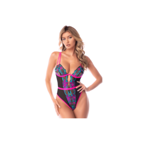 Body bleu et rose en maille transparente brodée avec sequins – Mapalé
